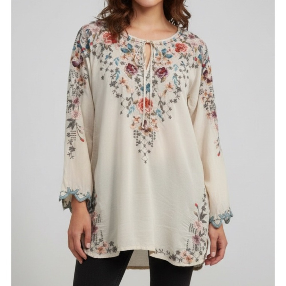 JOHNNY WAS Butterfly Winter Blouse SHEER IVORY TOP Embroidered Peasant SIZE XS